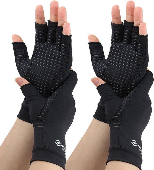 2 Pairs Compression Gloves for Women and Men, Fingerless Copper Arthritis Gloves for Hand Pain Relief, Open Finger