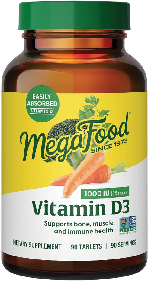 MegaFood Vitamin D3 1000 IU - Immune Support Supplement, Bone Health, 90 Tabs, Non-GMO, Vegetarian