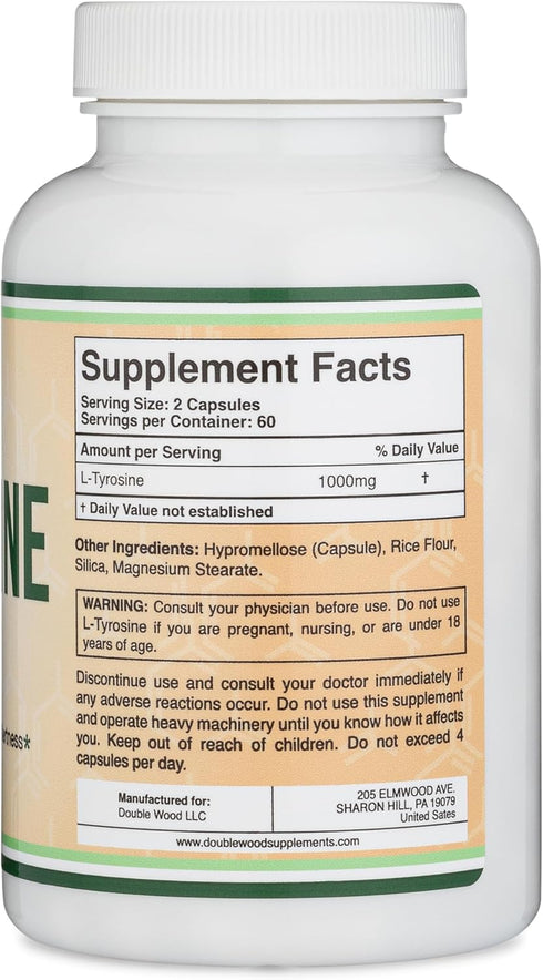 L-Tyrosine 1,000mg per Serving, 120 Veggie Capsules (Amino Acid Supplement for Memory, Attention, Focus) by Double Wood