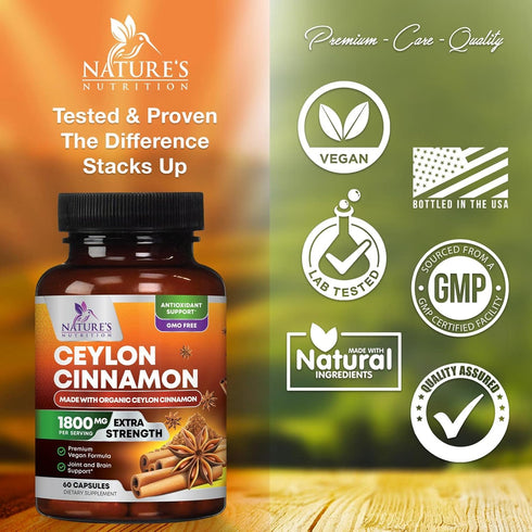 Pure Cinnamon Capsules - 60 Certified Organic Ceylon Cinnamon Pills, Non-GMO, Gluten-Free