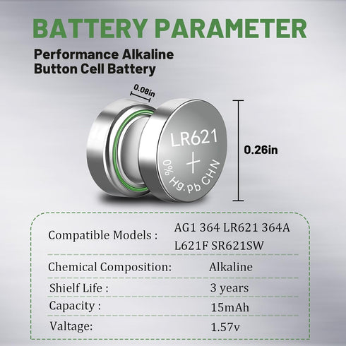 100 Packs SR621SW 364 AG1 Watch Battery Compatible with 364A LR621 SR621 LR60 SR60 164 Alkaline Button Cell 1.55v Batteries