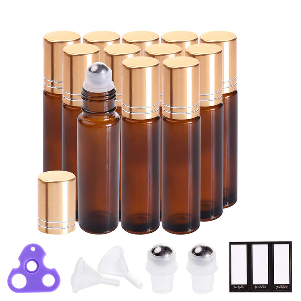 PrettyCare Essential Oil Roller Bottles 10ml Amber Glass 12 Pack with 2 Extra Roller Balls, Labels, Opener, Funnels