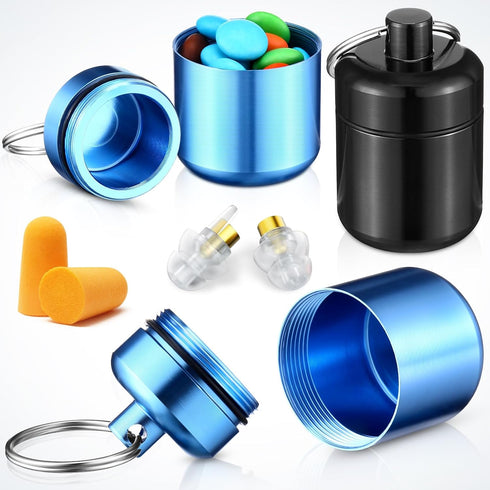 4 Pack Ear Plug Carrying Case Keychain, Waterproof Metal Small Pill Holder for Earplugs, Pills, Jewelry (Black, Blue)