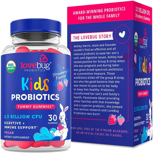 Lovebug Award Winning USDA Organic Probiotic Gummies for Kids, 30 Gummies, Soil-Based Probiotic, Vegan, Ages 3+,