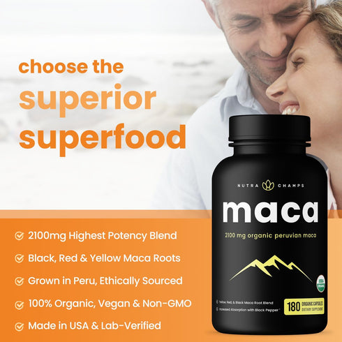 NutraChamps USDA Organic Maca Root Capsules - 2100mg, 180 Capsules, Black, Red & Yellow Peruvian Gelatinized