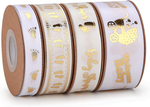 40 Yards White and Gold Baby Shower Ribbon Welcome Baby Foot Print Ribbons for Crafts, Gift Wrapping, Party Decoration