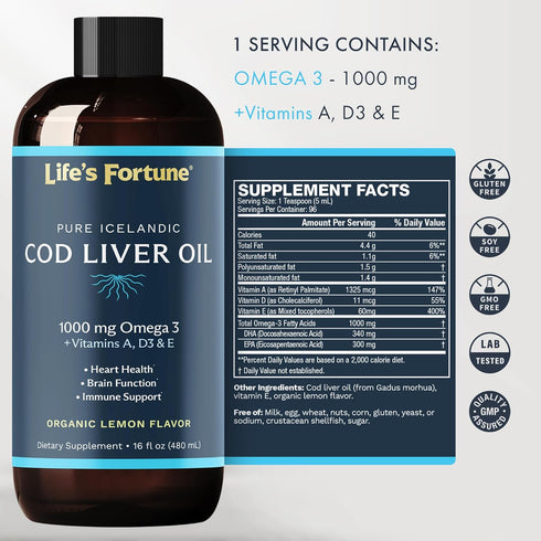 Life's Fortune Organic Cod Liver Oil Liquid, Lemon Flavor Supplement - High Potency Fish Oil Omega 3 DHA & EPA, 1000 mg
