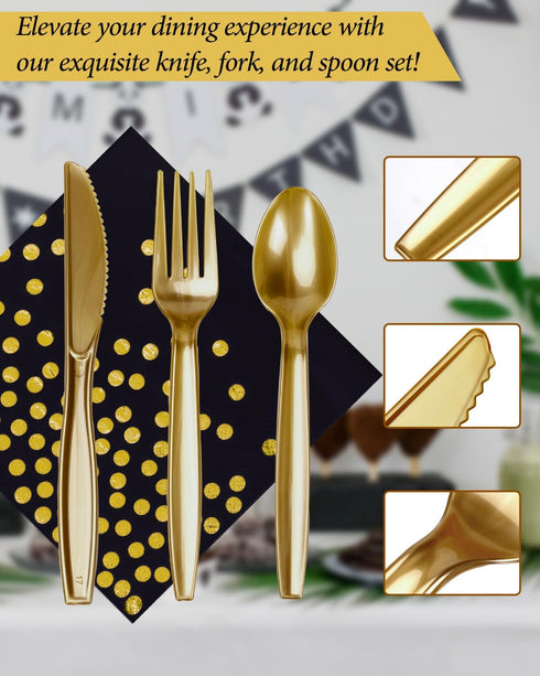 224 Pieces Party Supplies, Black and Gold Disposable Tableware Sets with Plastic Knives, Forks, Spoons for 32