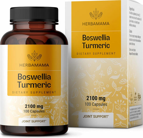 Boswellia Turmeric Capsules, Joint, Digestion & Brain Support with Organic Black Pepper Extract - 100 Capsules