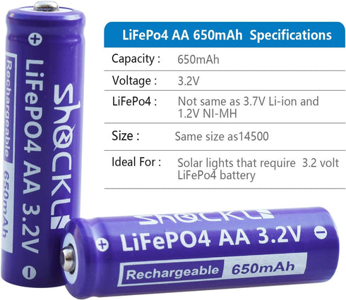 Shockli AA 3.2V LiFePo4 650mAh Battery (4 Pack), Ideal for Solar Garden Light