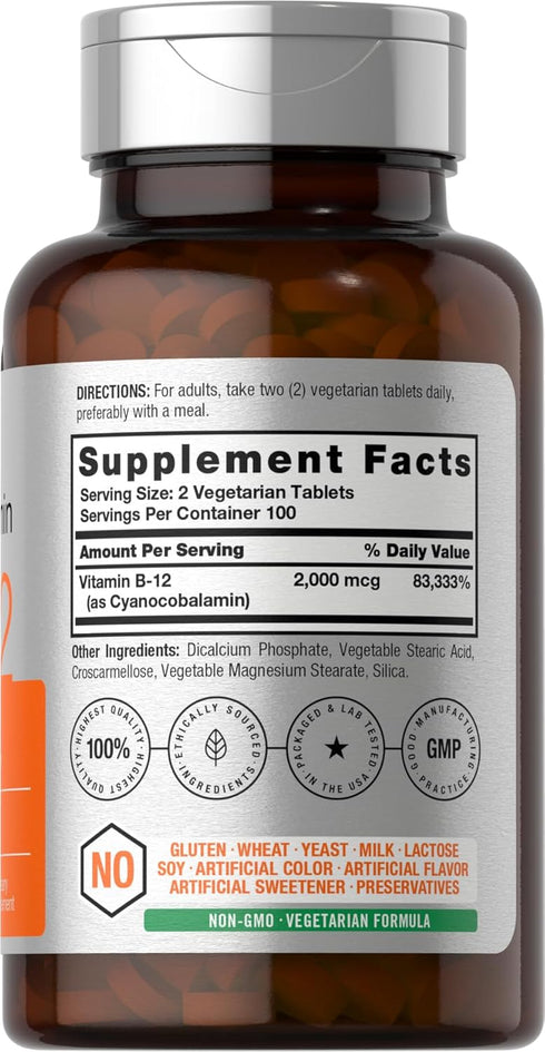 Horbaeach B-12 | 2000mcg Per Serving | 200 Vegetarian Tablets | for Adults | Vegetarian, Non-GMO, & Gluten Free Vitamin