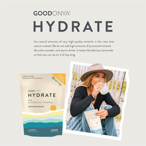 GOODONYA Hydrate Organic Electrolyte Powder, 5.6oz, 20 Servings, No Sugar Added, Real Lemon Juice, Coconut Water