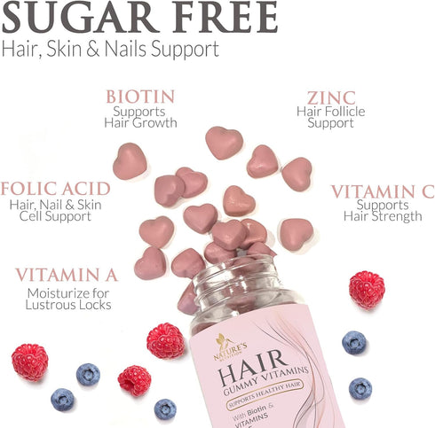 Sugar Free Hair Vitamins Gummies - 60 Gummies - with Biotin 5000 mcg, Vitamin A, B12, C, D, E