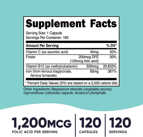 Nutricost Folic Acid for Women (Vitamin B9) 1200 mcg, 120 Capsules, with B12 and Biotin, Veggie Caps, Non-GMO & Gluten Free