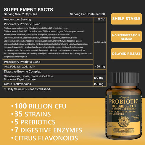 Probiotics with Prebiotics for Men and Women - 35 Strains Organic Probiotics 100 Billion CFU for Gut Health, 60 Capsules