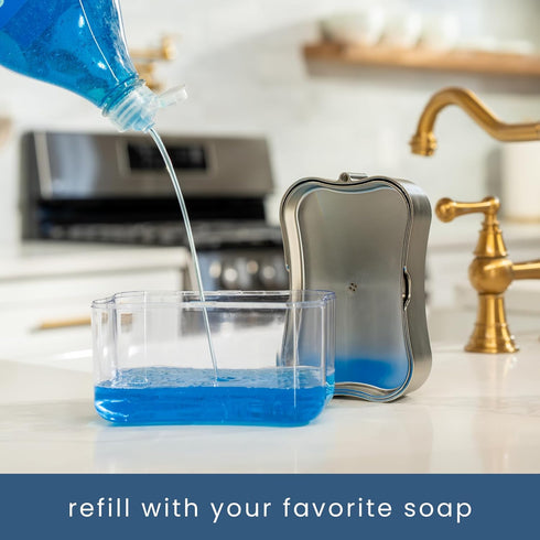 S&T INC. Dish Soap Dispenser and Sponge Holder, 13 Ounces, Metallic Silver - Sponge Included for Kitchen Sink