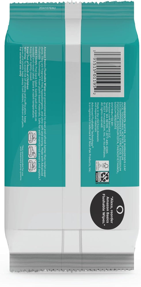 Amazon Basics Flushable Adult Toilet Wipes, Fragrance Free, 126 Count, 3 Packs of 42