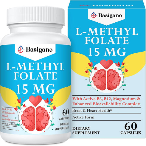 15mg L Methylfolate (5-MTHF) - Active Folic Acid with Vitamins B6 and B12 - 60 Vegetarian Capsules - Non-GMO