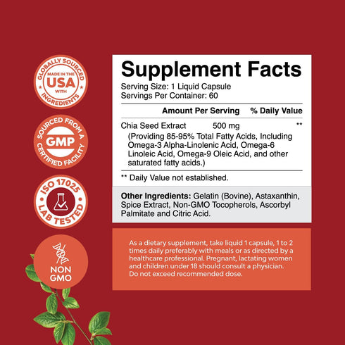 Chia Seed Oil Extract Capsules - Plant Based Omega 3 6 9 Supplement and Daily Fiber Capsules for Adults Digestive Support Immunity and Heart Health - Omega 3 Fatty Acids Supplement for Men and Women