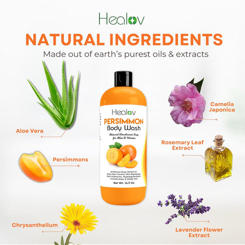 Persimmon Body Wash for Body Odor Control – Natural Deodorant Soap for Kids Safe Use