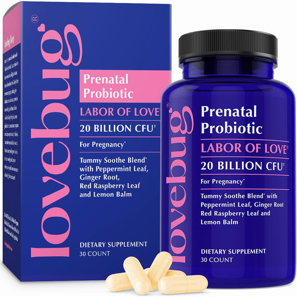 Lovebug Prenatal Probiotic, Helps with Morning Sickness, Nausea & Digestion, Multi Strain 20 Billion CFU, 30 Capsules