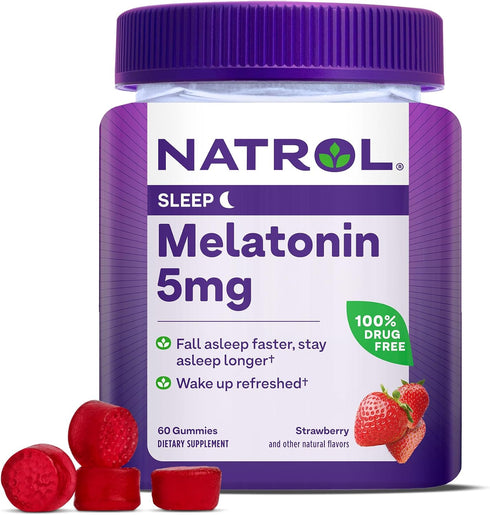 Natrol 5mg Melatonin Gummies, Sleep Support for Adults, 60 Strawberry-Flavored Gummies, 30 Day Supply