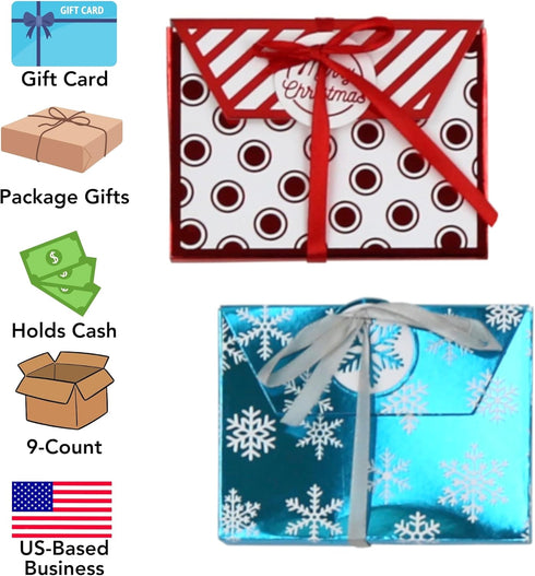 Iconikal Christmas Holiday Foil Embossed Gift Card Holder Boxes with Ribbon, Set of 9
