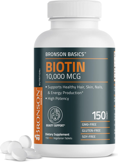 Bronson Biotin 10,000 MCG | 150 Vegetarian Tablets | Supports Healthy Hair, Skin & Nails & Energy Production