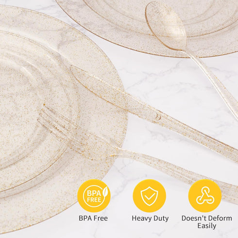 Goodluck 150 Gold Glitter Plastic Silverware, Disposable Glitter Utensil Set of 50 Forks, 50 Spoons, 50 Knives for