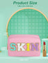 Preppy Makeup Bag - Synthetic Leather Cosmetic Bag with SKIN Chenille Letter for Skincare, Gift Idea