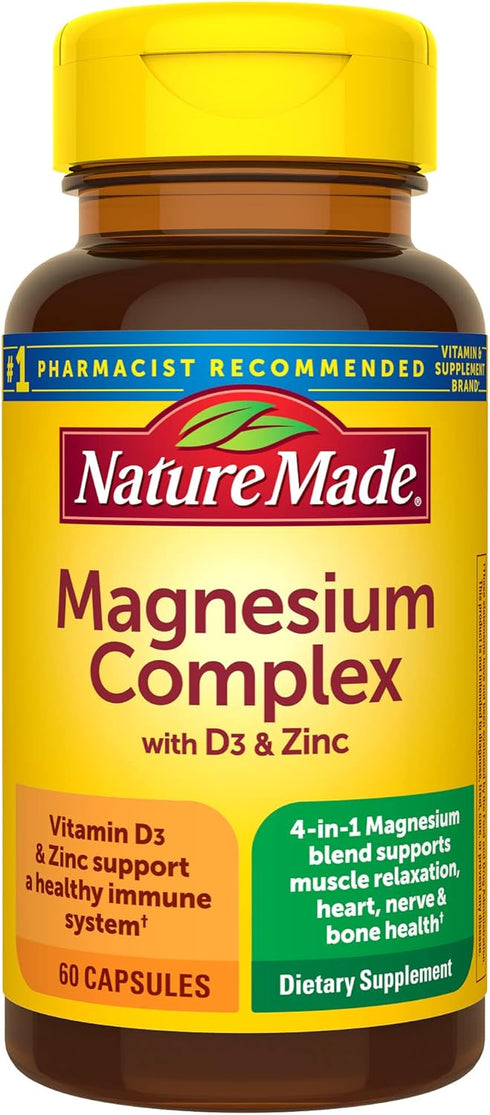 Nature Made Magnesium Complex with Vitamin D3 & Zinc, 60 Capsules, Muscle, Nerve, Heart & Bone Support