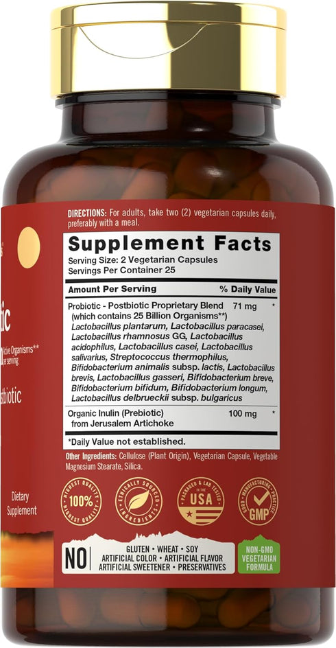 Prebiotic, Probiotic & Postbiotic | 25 Billion CFU | 50 Powder Pills | Men and Women's Digestive Health | Vegetarian and non-GMO Supplement