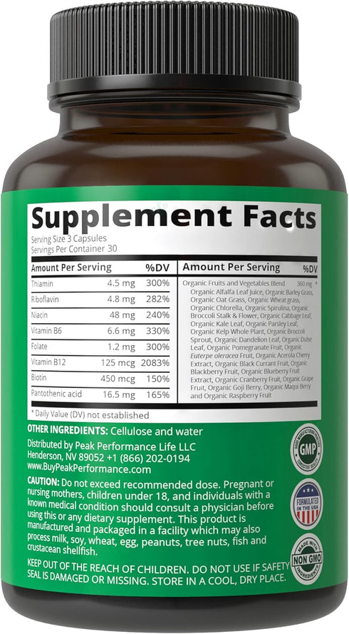 Vitamin B Complex Capsules + Whole Food Blend | 90 Capsules | Best Vegan B-Complex Supplement with 25 Vegetables &