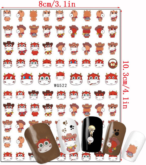 Cute Cow Nail Art Stickers, 3D Self-Adhesive Cartoon Cow Nail Decals for Women Girls Manicure Tips DIY Animal Art