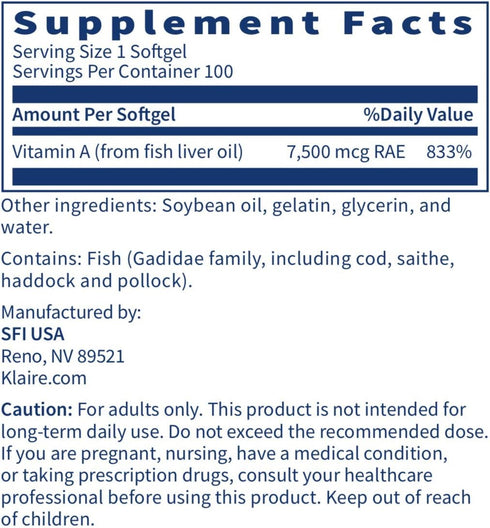 Klaire Labs Vitamin A High Potency 25000 IU Dose from Fish Liver Oil, Preformed Retinol Form, 100 Softgels
