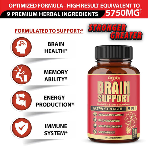 9in1 Brain Support Supplement, Concentrated Ashwagandha Root, Gotu Kola Powder, 90 Capsules