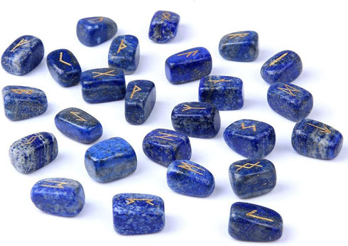 TGS Gems RN001 Lapis Lazuli Rune Stones Set, Engraved Pagan Lettering with Instruction Booklet