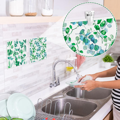 6 Pack Swedish Dishcloths for Kitchen - Green Leave Patterns, Reusable, No Odor, with Adhesive Clips