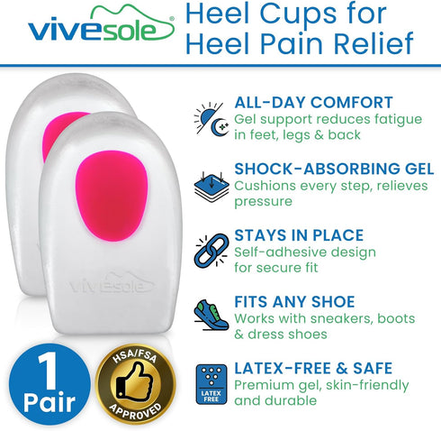 ViveSole Gel Heel Cups (Pair) - Silicone Cushion Insert Pads for Pain Relief, Plantar Fasciitis, Heel Spurs, Shoes