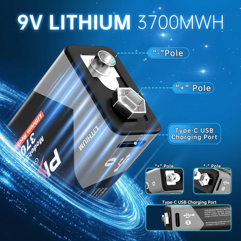 PKCELL 9V 4-Pack, 3700mWh 9 9V 1.5 Rechargeable Batteries Volt Lithium Battery USB-C Recharge, Battery for Smoke