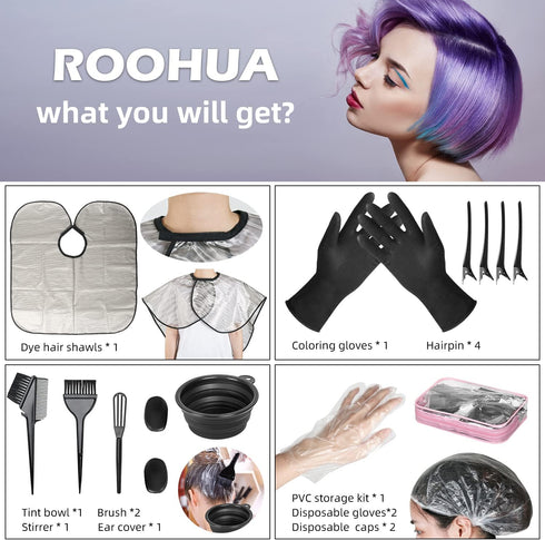 ROOHUA 16 Pieces Hair Dye Coloring Kit, Hair Tinting Bowl, Brush, Ear Cover, Hairpin, Cape