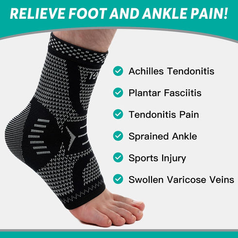 INDEEMAX Ankle Brace Compression Sleeve, Copper Infused Support for Sprained Ankle, Plantar Fasciitis, Sliver Black, M
