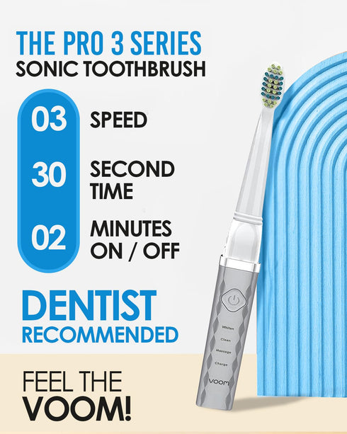 Voom Sonic Pro 3 Rechargeable Electric Toothbrush, Silver with Soft Dupont Nylon Bristles and 2-Minute Timer