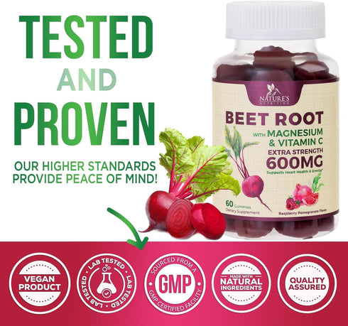 Beet Root Soft Chews, Vegan Heart Health Support Supplement, Pomegranate Raspberry Flavor, 60 Count