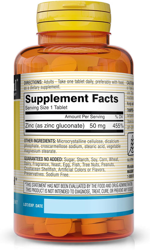 Mason Natural Zinc 50 mg - Improved Immune System Function, Supports Antioxidant Health, Aids Absorption of B Vitamins, 100 Tablets