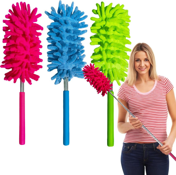 M-Jump 3 Pack Retractable Long-Reach Washable Duster - Microfiber Hand Duster Brush with Telescoping Pole