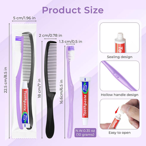 HOIQIRY Pack 100,Purple Disposable Toothbrushes with Toothpaste and Comb - of Soft Bristle Individually Wrapped Single