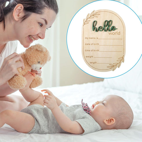 Thinp 5.9 Inch Baby Announcement Sign, Wooden Hello World Newborn Signs Birth Baby Name Plaques Birth Announcement Sign