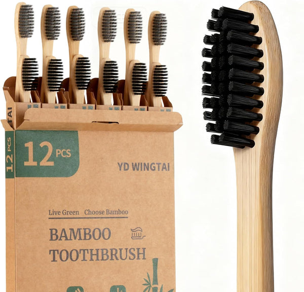 YD WINGTAI Bamboo Toothbrush Biodegradable WoodenToothbrushes 12pack Natural Travel Size Organic Charcoal Tooth Brush