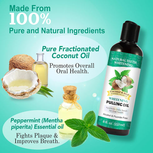Coconut Mint Oil Pulling, 2 Pack Whitening Mouthwash for Teeth and Gums with Tongue Scraper & Measuring Cup